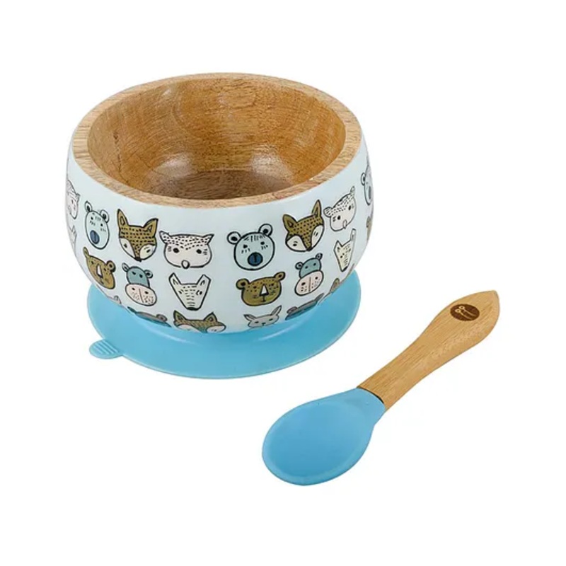 Taabartoli Jungle Safari Wooden Suction Bowl and Spoon Set – Blue