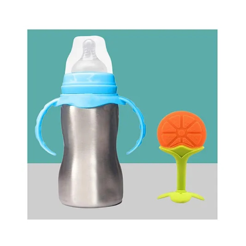 The Cheeky Kidzz Baby 2 in 1 Multi-functional Baby Stainless Steel Milk Juice Feeding Bottle Cum Sipper Bottle With Fruit Shape Silicone Orange Standing Shape Teether Bpa Free (Orange) 240 ml
