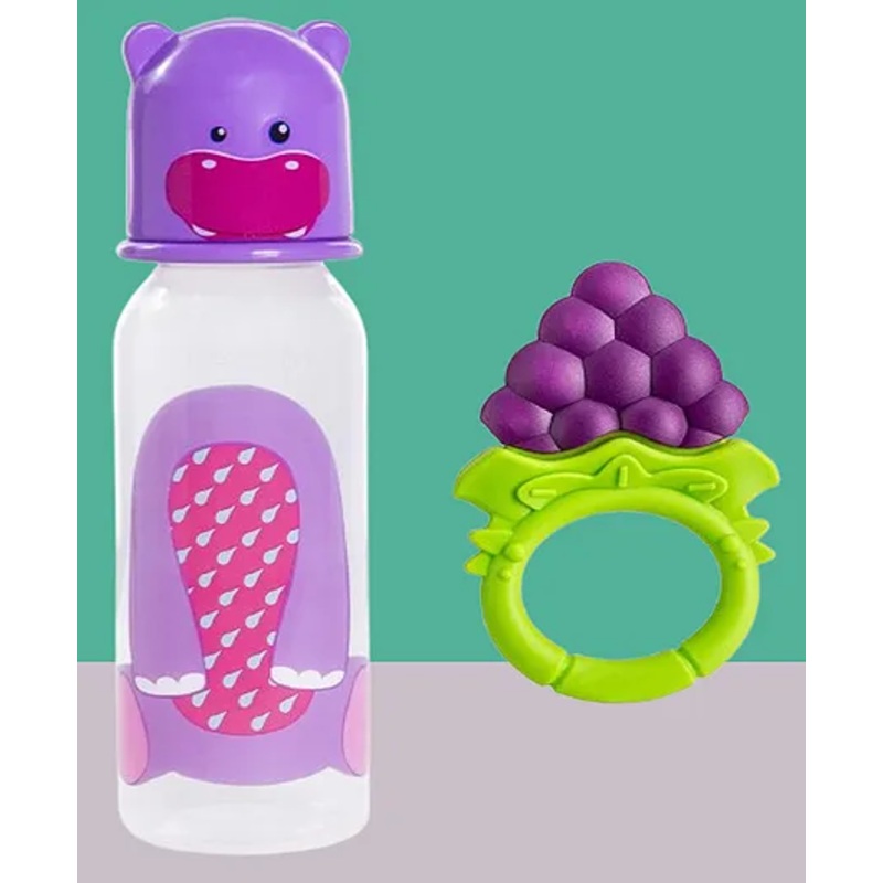 The Cheeky Kidzz Baby Fruit Shape Soft Silicone Teether For Infants Dental Care With 250ml Feeding Bottle(GRAPES)