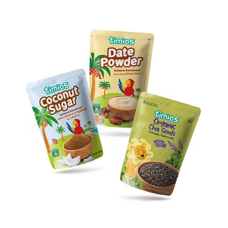 timios Organic Combo Pack of Coconut Sugar Date Powder & Chia Seeds – 100 g Each