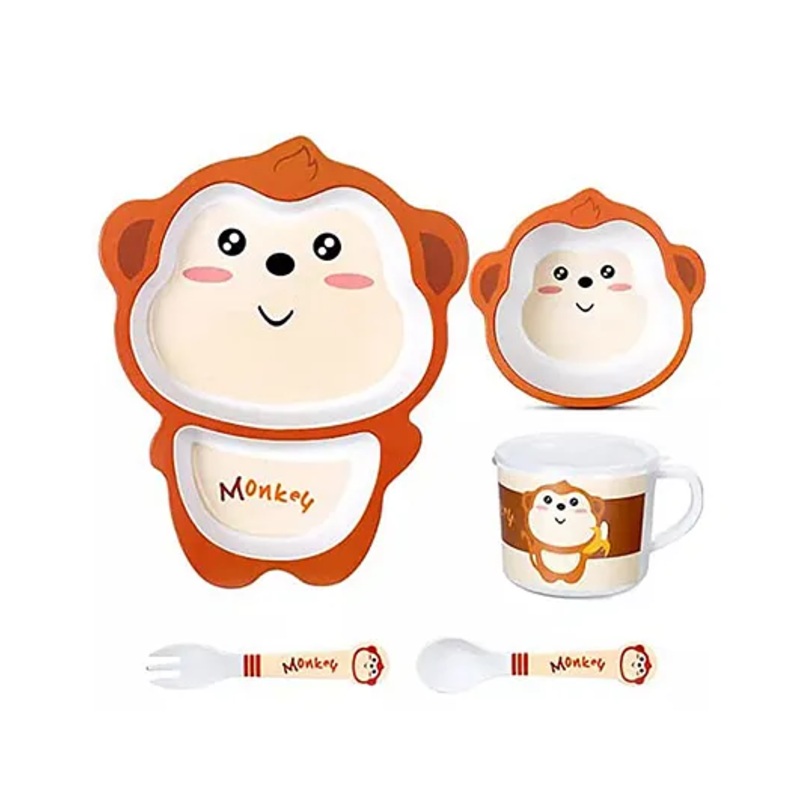 YAMAMA Monkey Shape Bamboo Multi Piece Feeding Set Pack of 5   Color May Vary