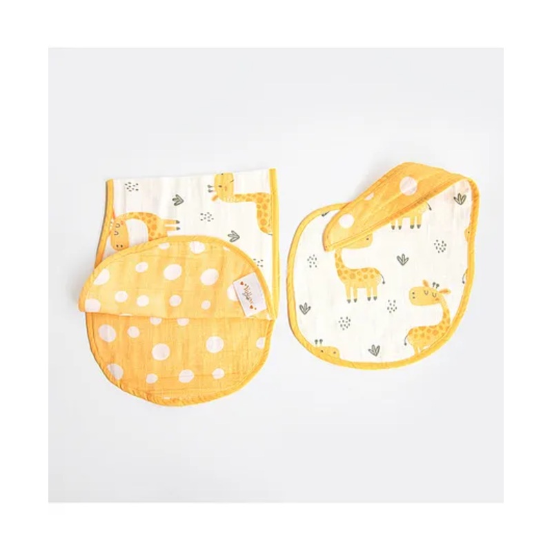 Yellow Doodle Baby Giraffe Printed Reversible Organic Cotton Muslin Bib & Burp Cloth Set – Yellow