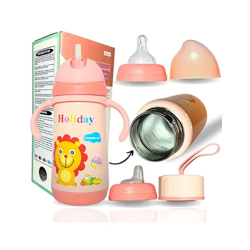 ZoZoBaa 4 in 1 Double Walled Vacuum SS304 Steel Baby Sipper, Heat Protective, Leakproof, Odourless,BPA Free| Bottle with Spout, Nipple, Weighted Straw, Cap & Handle, 300ml, Pink
