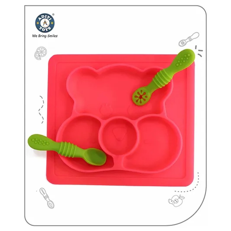 Aditi Toys Square Baby Food Tray, Silicon Food Plate With Multiple Compartments & Two Spoons Silicone Plate For Feeding Baby, Easy To Clean Silicon Plate Microwave & Dishwasher Safe – Pink