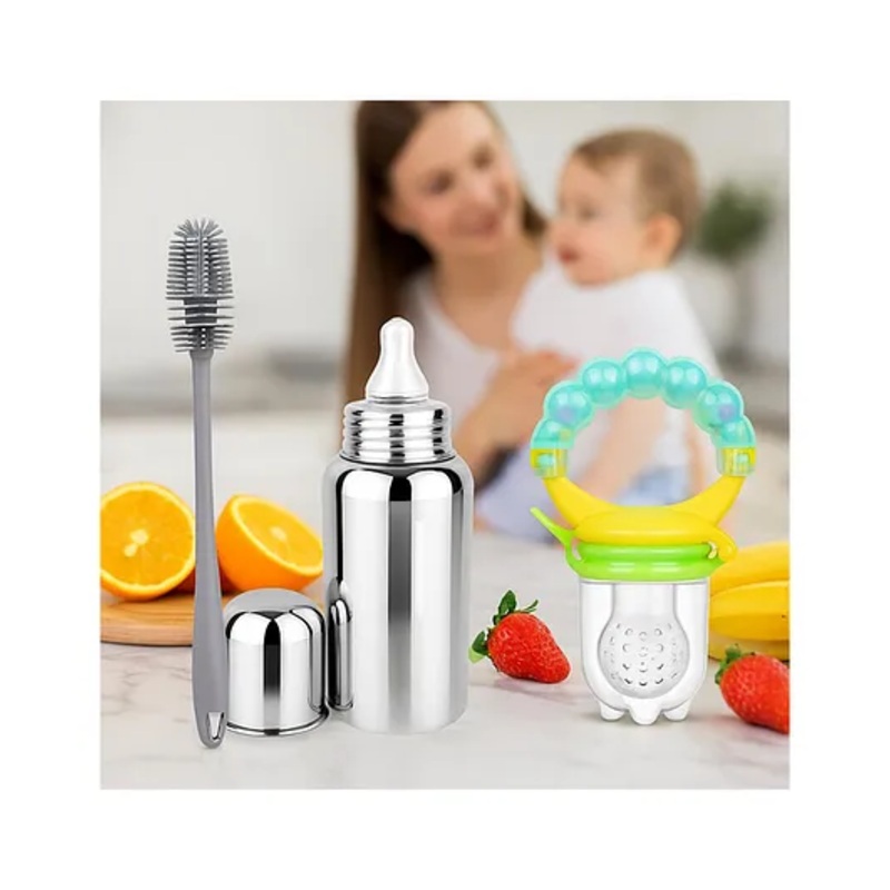 AEREX Stainless Steel Milk Baby Feeding Bottle, Rattler Fruit Nibbler & Bottle Cleaning Brush Combo Feeding Bottle for Babies, Infants and Toddlers Feeding Combo (Green)