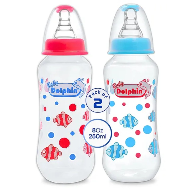 Baby Dolphin Anti-Colic Plastic Feeding Bottles | Pack of 2 |Liquid Silicone Nipple | Anti-Colic | Baby Feeder | Baby Milk Bottle| BPA Free| 250ml + 250ml| Sky Blue & Red.