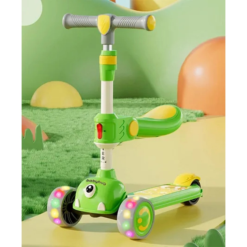 Babyhug Leo 3 Wheel Kids Kick Scooter with Foldable Seat with LED Wheels & Wide Deck with 3 Level Adjustable Handlebar – Green| Lean-to-Steer| Toy for 3 to 12 year Boys and Girls| Gifting Option