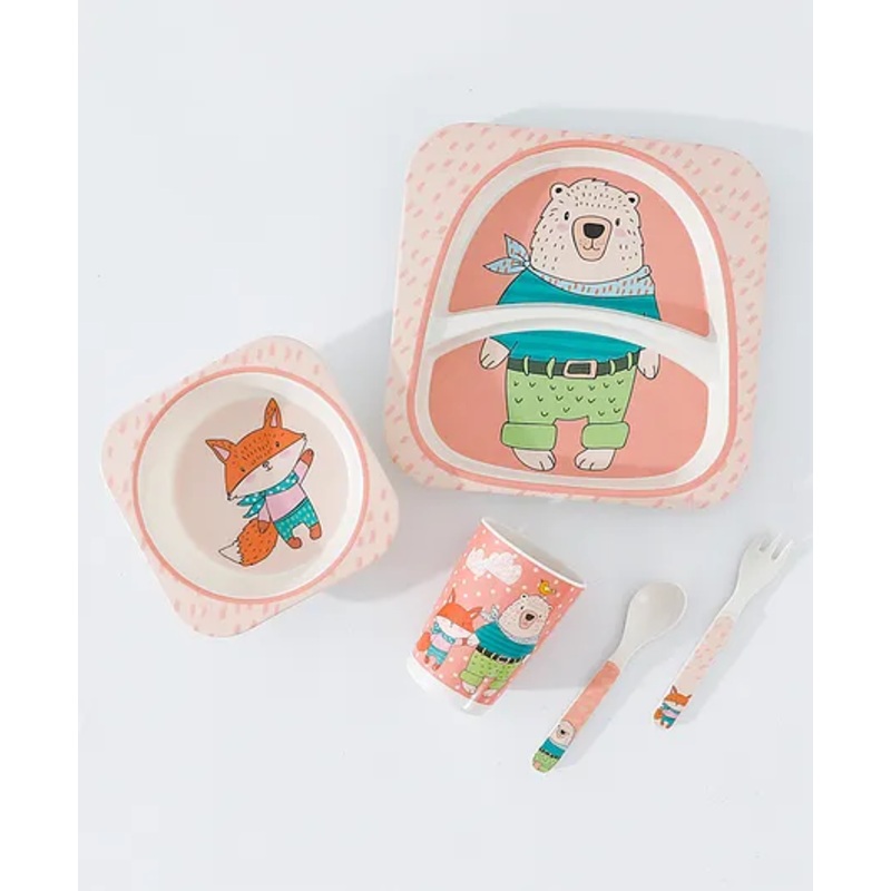 Bamboo Fiber Sectioned Feeding Set with Fox & Bear Print – Peach