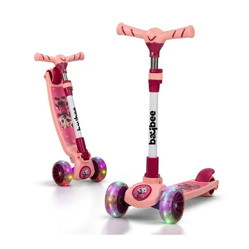 Baybee Kitty Kick Scooter for Kids, Foldable Kids Scooter with 3 Height Adjustable Handle & Music, Skate Scooter with LED PU Wheels & Brake (Pink)