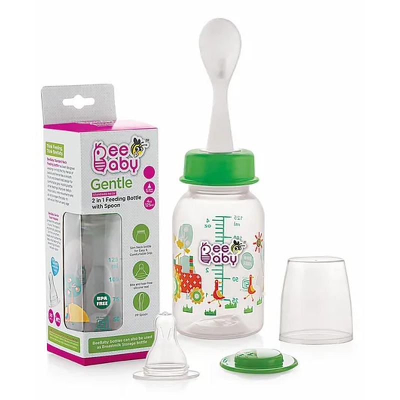 Beebaby Standard Neck Feeding Bottle With Spoon Green – 125ml
