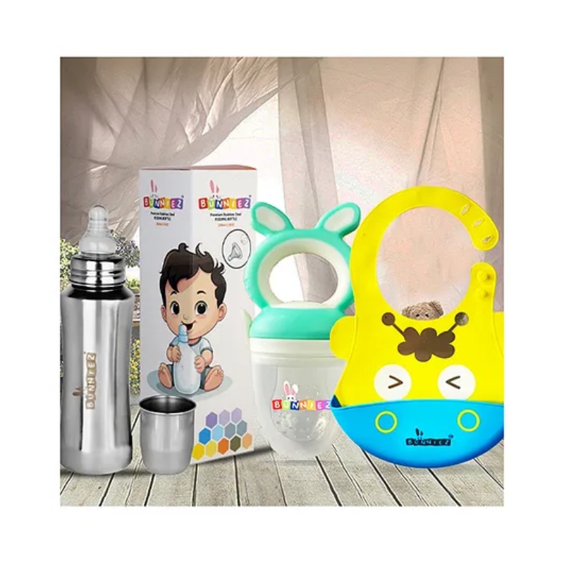 Bunniez Stainless Steel Baby Feeding Bottle -240ml and Silicone Baby Bib – Yellow Blue & Fruit Feeder – Light Green  – Combo of 3