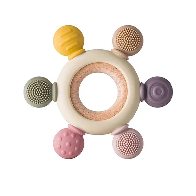 Playbox Wooden Teether, Baby Teething Toys Silicone Teethers BPA Free Silicone Rudder with Wooden Ring Soothe Babies Gums