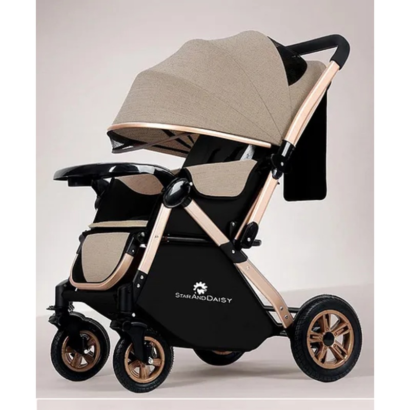 StarAndDaisy Baby Strollers Pram with Foldable Design, Food Tray, 4 Wheel Suspension, Convertible& Adjustable Seat, 5 Point Safety Belt, Light Weight & Convenient. Tan