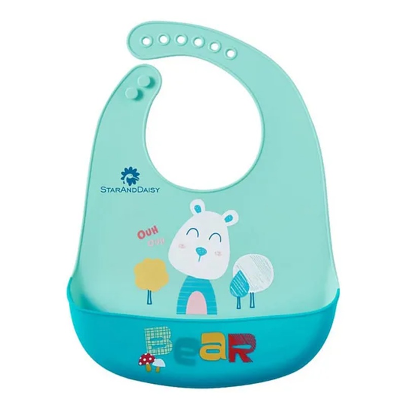 StarAndDaisy Reusable Silicone Baby Bib with Adjustable Buttons for Mess-Free Feeding, Weaning, and Easy Cleaning and Waterproof. (PACK OF 1-BEAR PRINT BLUE)