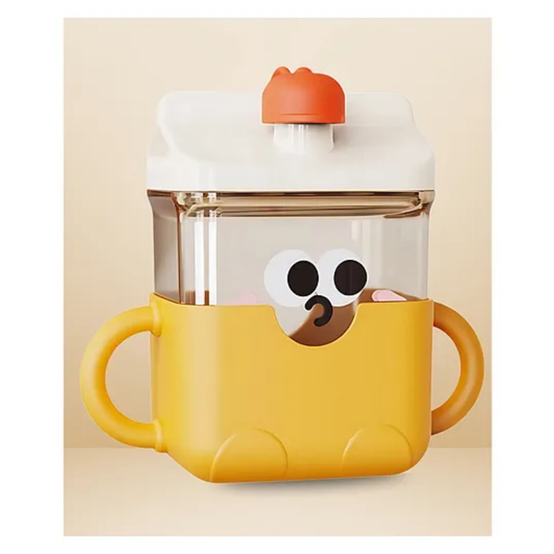 SUN & SHINE | Sipper Water and Milk Bottle For Kids | Baby Training Water Cup with Handle, Silicone Straw & Cap | Sippy Cup Face Print | Bottle For Kids | 300 ml | 6 months – 6+ years (Orange, 300 ml)