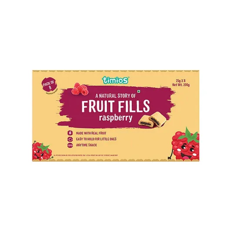 timios Fruit Fills Soft Baked Fruit Bars Anytime Snack Made with Organic Whole Grains and Real Fruits Rasberry Pack of 8 – 200g