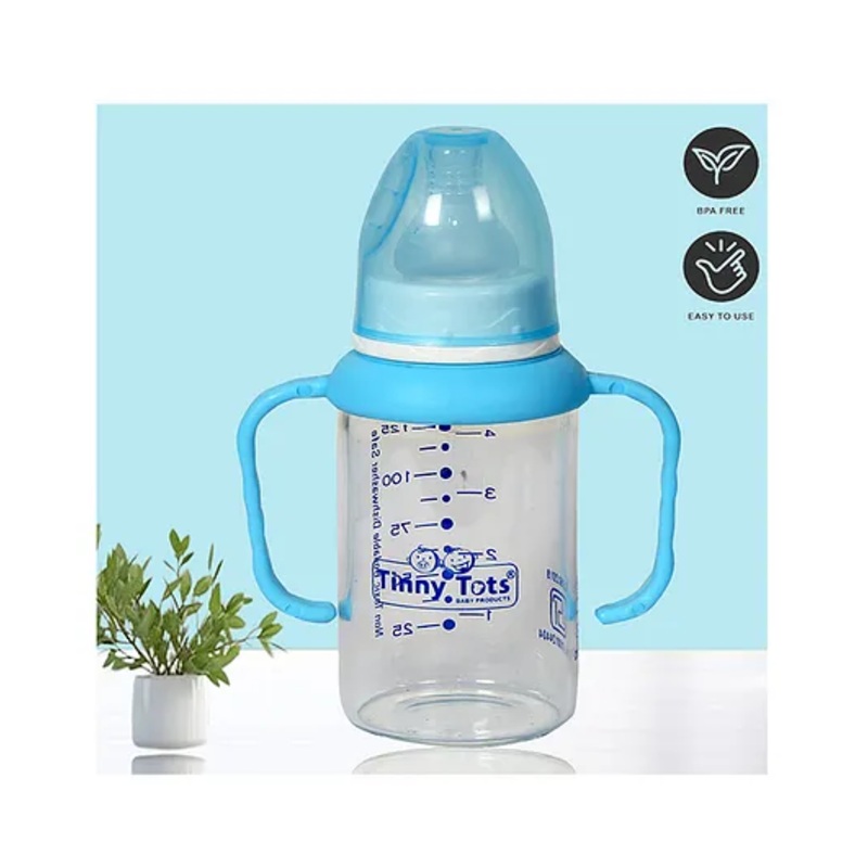 Tinny Tots Baby High Borosilicate 120ml Glass Feeding Bottle With Twin Handles And Anti Colic Silicone Nipple Feeder BPA Free (Blue)