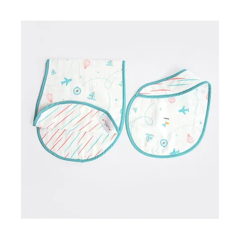 Yellow Doodle Lil Travellers Printed Reversible Organic Cotton Muslin Bib & Burp Cloth Set – Blue