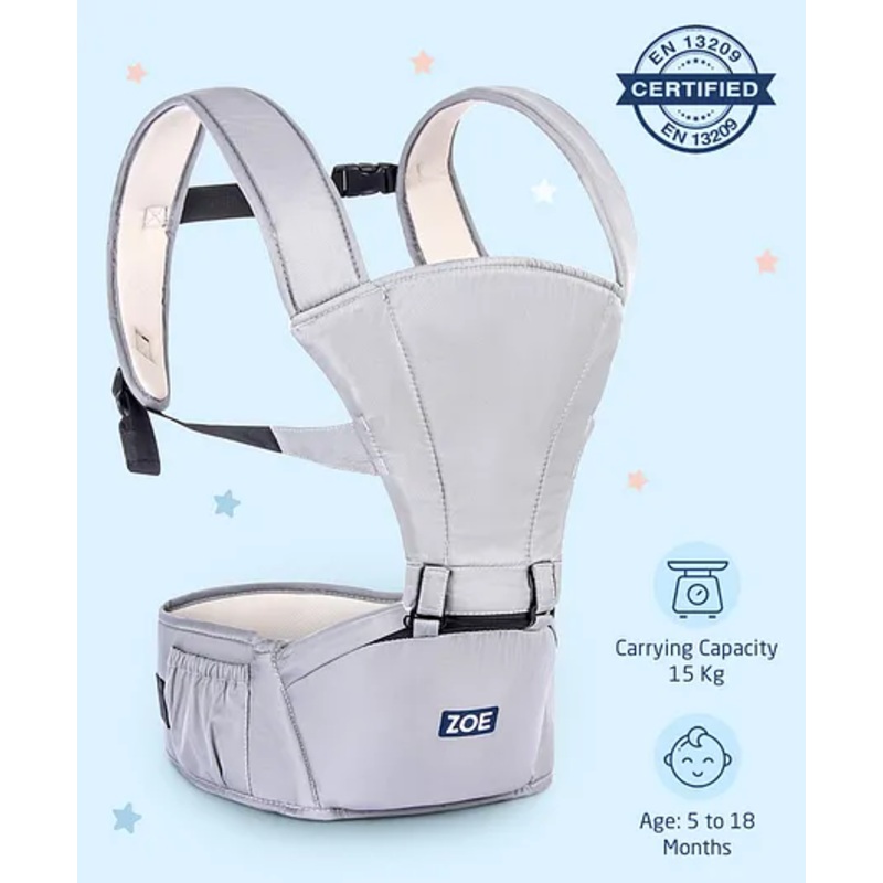 Zoe Snuggle 5-in-1 Baby Carrier with Hip Seat: Versatile front, back & hip carrying, Ergonomic design, Padded straps, Pressure-relieving waist belt, Safety harness, Storage pockets, Supports up to 15 kg- Grey