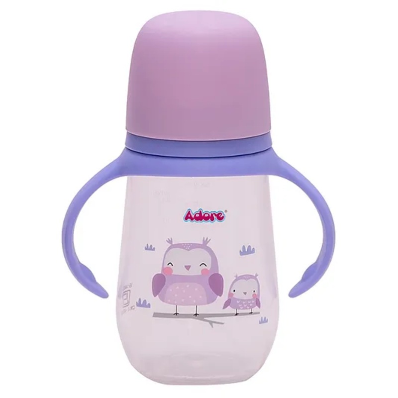 Adore Magnum Opus 4 Stage Wide Neck Feeding Bottle with Gravity Ball Twin Handle – With Dual Anti-Colic Teat -250ml Purple Owl