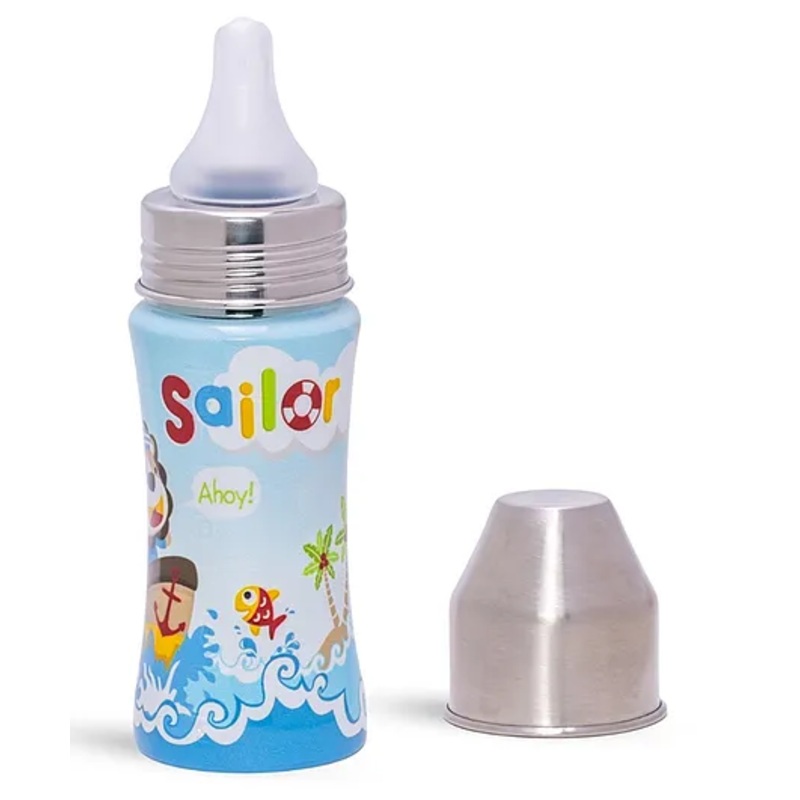 Adore SPRINT! Printed Stainless Steel Feeding Bottle with Premium Matte Dual Anti-Colic Teat 250ml- Sailor