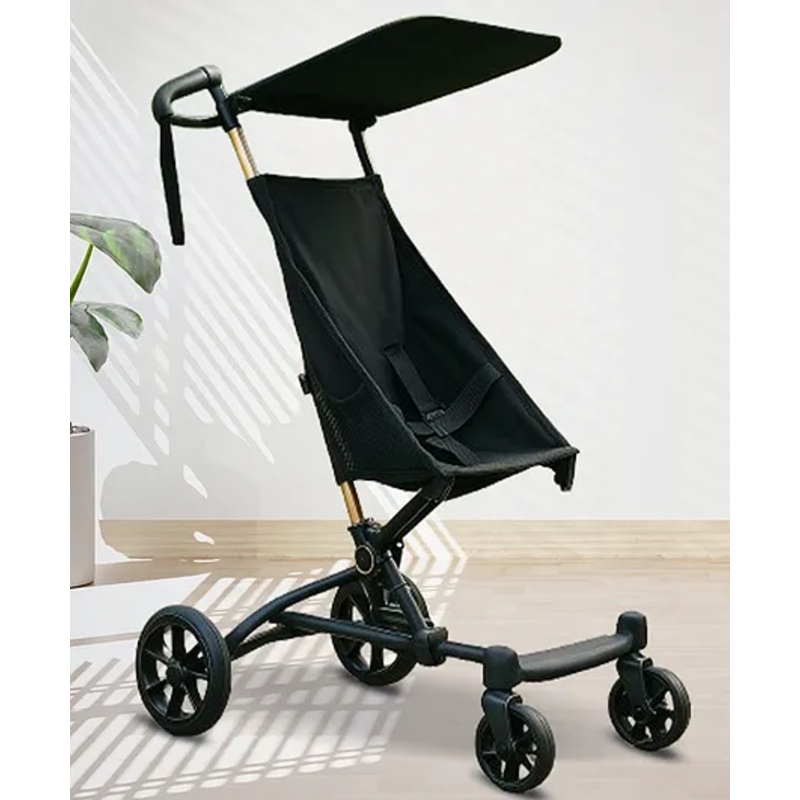 Angels & Mice Travel Cruiser Stroller for 2-7+ Years, Steel Frame,4pt. Safety Harness Lightweight Travel Stroller with Wide Seat, Big Wheels, Compact Fold, Adjustable Sunshade, Black & Gold