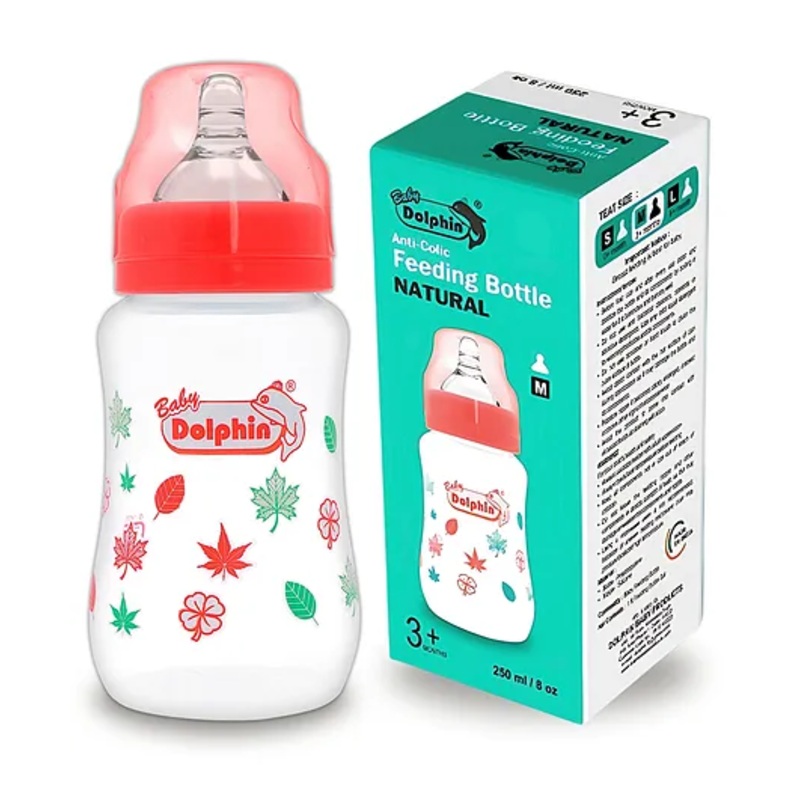 Baby Dolphin Anti-Colic Wide Neck Plastic Feeding Bottle | Pack of 1 | Silicone Nipple | Anti-Colic | Baby Milk Bottle| BPA Free | 250ml| Red.