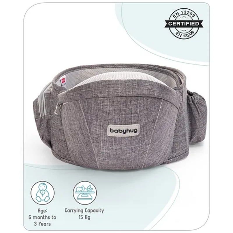 Babyhug Independent 2-in-1 Hip Seat Carrier: Front & back carrying positions, Padded seat for comfort, Adjustable waist belt, Side storage pockets, Supports up to 15kg, Easy weight distribution for parents comfort- Grey