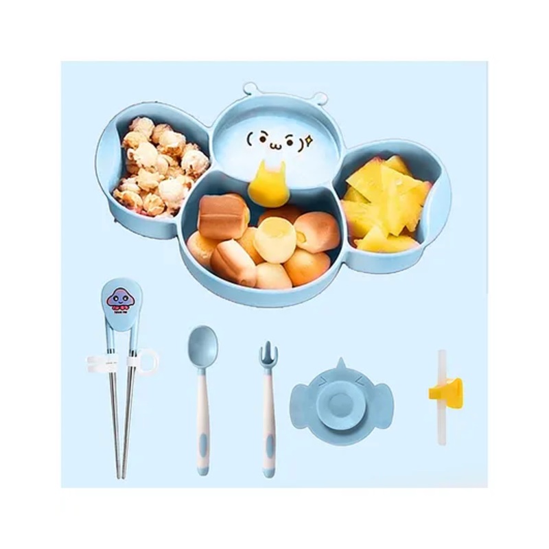 Babymoon Silicone BPA Free Baby Kids Feeding Dinner Set Gift Box Dinner Plate, Twisted Spoon & Fork, Suction Bowl Cup, Snap Straw And Chopstick Set of 6  Blue