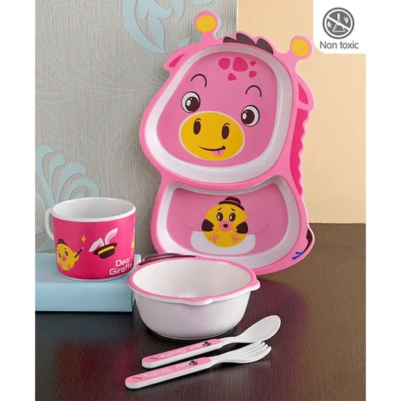 Bamboo Fiber Feeding Set Animal Print Pink – 5 Pieces