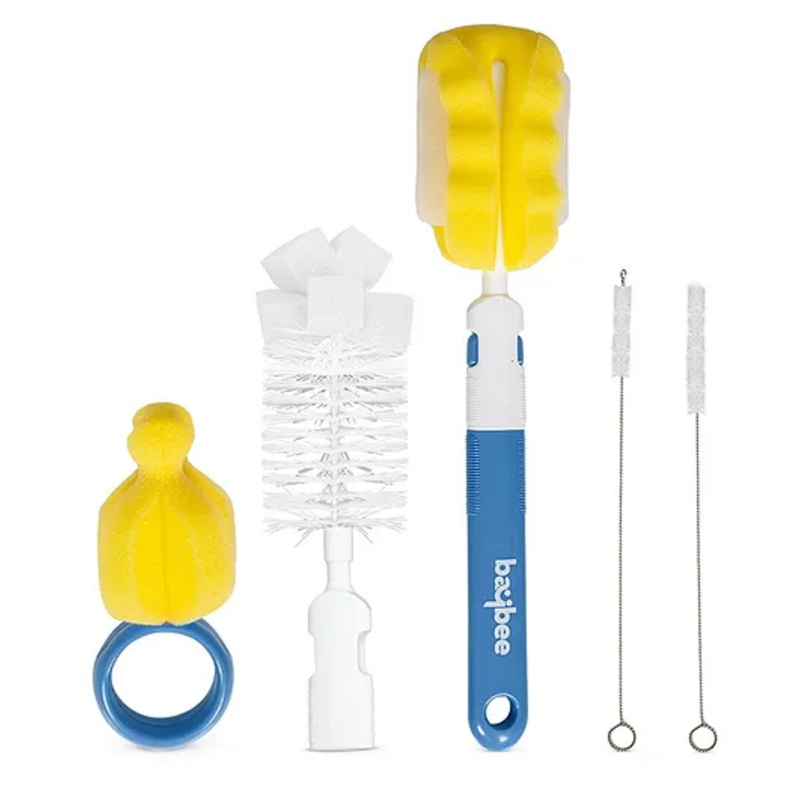 BAYBEE 4 in 1 Nylon Bristles Baby Feeding Bottles & Nipple Cleaning Brush Easy Grip 360 Rotating Long Handle for Easy to Clean Bottle Neck & Corners for All Mugs & Cups (Blue)