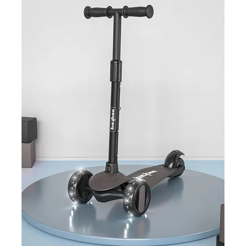 BAYBEE Alpha Kick Scooter for Kids 3 Wheel Kids Scooter with 4 Height Adjustable Handle Runner Scooter with LED PU Wheels & Brake Skate Scooter for Kids – Grey