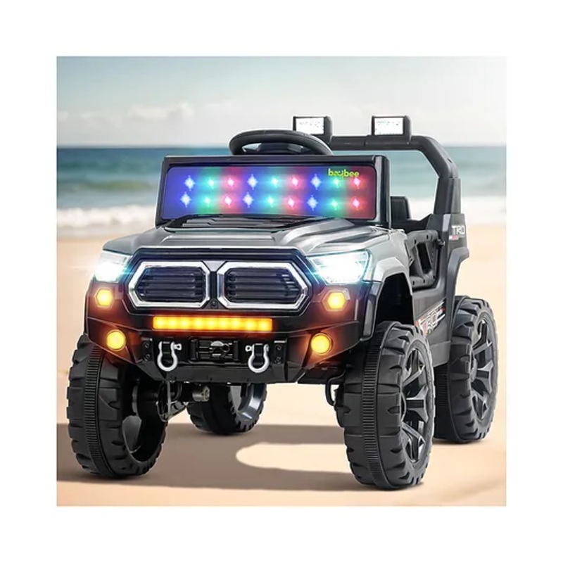 BAYBEE Trojan Battery Operated Jeep for Kids with RGB Windshield Light, Bluetooth, USB & Music | Baby Big Ride on Battery Car | Electric Jeep Car for Kids (Grey)