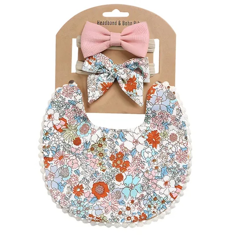 Bembika Baby Feeding Essential Baby Feeding Bib And Bow Floral- Peach