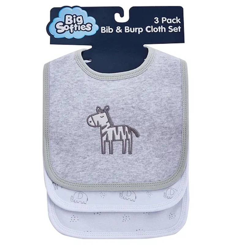 Big Softies Baby Bib & Burp Cloth Set Printed & Applique Embroidery-Zebra Soft Velcro Fastener Cotton-Super Absorbent For Drooling, Teething, Burping & Feeding For Unisex 0-12 Months Pack of 3 -Grey