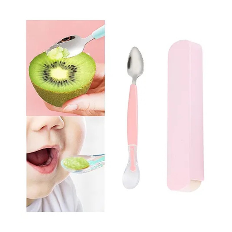 Cots and Cuddles 2 in 1 Silicone Baby Soft Tip Spoon & Stainless Steel Fruit Scraper Spoon with Box