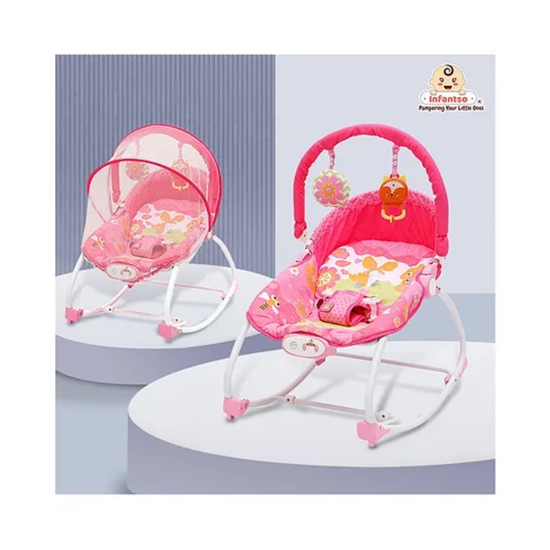 INFANTSO Baby Rocker Portable with Free Mosquito Net  & Calming Vibrations with Music & Musical Toy – Pink