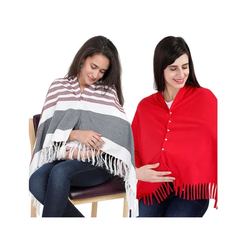 Lulamom Multi-Purpose Breast Feeding Nursing Shawl – Pack of 2 (Maroon stripes & Red solid)