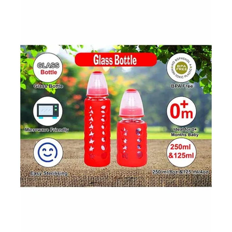 Mastela Borosilicate Glass Feeding Bottle with Silicone Cover Set of 2 Red – 250 ml, 125 ml