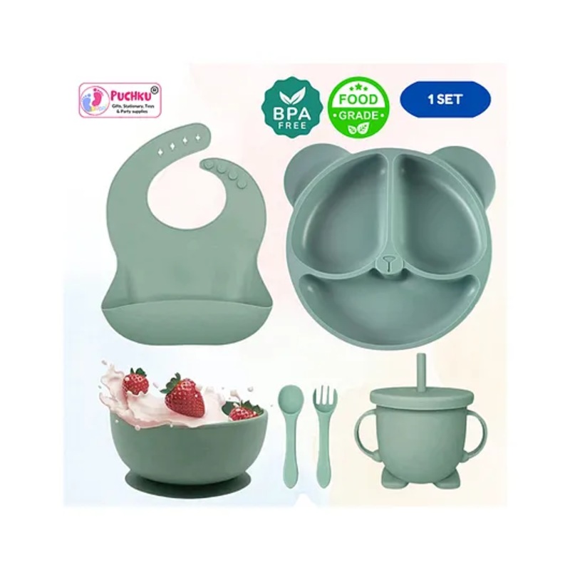 Puchku 6 Pcs Silicone Baby Feeding Set, BPA Free & Microwave Safe Dinner Tableware Kit – Feeding Bowl, Suction Plate, Cup, Spoon, Fork & Bib for Kids ( Pack of 1, Dusky Green)