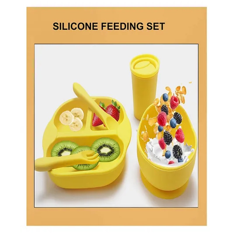 SPARKLE JOY 5 Pcs Silicone Baby Feeding Set, BPA Free & Microwave Safe Dinner Tableware Kit – Feeding Bowl, Suction Plate, Tumbler, Spoon & Fork for Kids, Toddler – Yellow