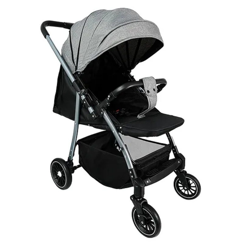 Standard Baby Stroller – Grey| Reversible Handle| Paded Cushion| Adjustable Canopy| Concealed Linked Brake| Swivel Wheels| 5 point Safety Harness| Storage Basket| Recling Backrest| Single Hand Fold