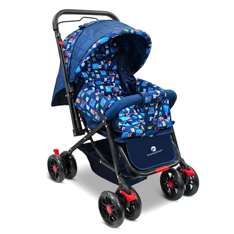 StarAndDaisy Baby Stroller with Lightweight, Stroller for Baby Boy 0 to 3 years, Pram for Baby with 3-Point Safety Harness, Adjustable Backrest, 360 Swivel Wheel, Large Storage, Reversible Handlebar, Extended Mosquito Net (Square Print)