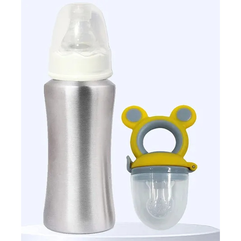 The Cheeky Kidzz Baby Silicone Ear Fruit Nibbler Soother Teether Feeder With Stainless Steel 240ml Bottle Set BPA Free(YELLOW)