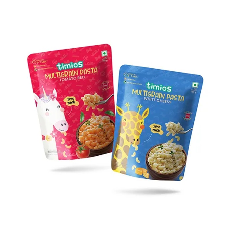 timios No-Maida Multigrain White Cheesy Instant Macaroni Pasta & Tomato Red Pasta | Healthy Pasta made With Brown Rice and Corn | No Preservatives | No Artificial Colors & Flavours | No Trans Fat | Pack of 2  – 195 g Each
