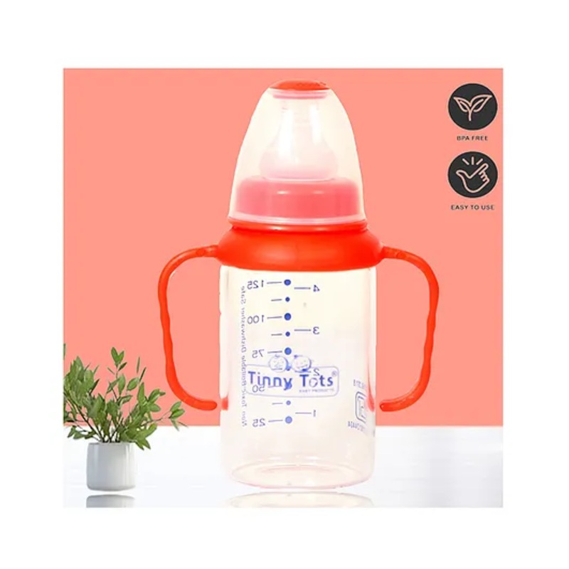 Tinny Tots Baby High Borosilicate 120ml Glass Feeding Bottle With Twin Handles And Anti Colic Silicone Nipple Feeder BPA Free (Red)