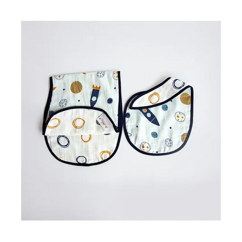 Yellow Doodle Child Of The Universe Printed Reversible Organic Cotton Muslin Bib & Burp Cloth Set – Blue