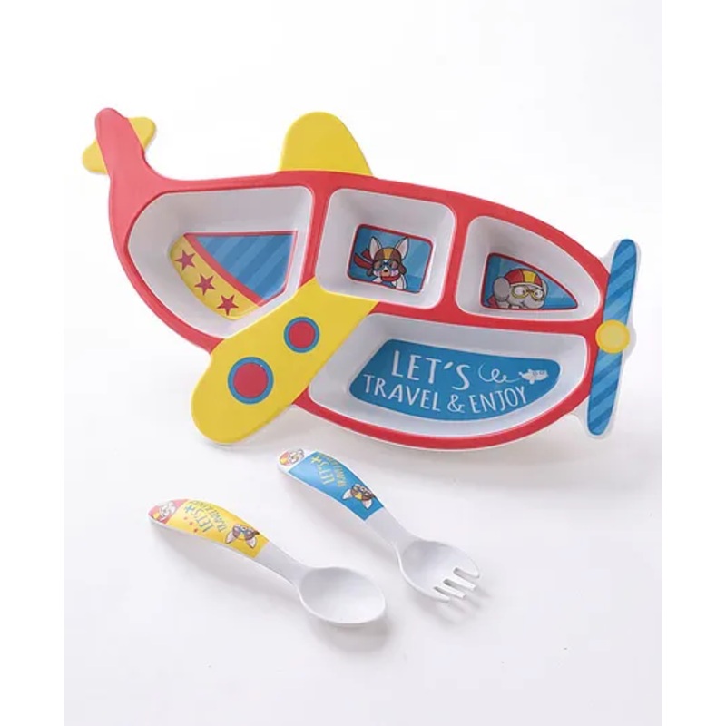 Aeroplane Shaped Section Plate With Spoon & Fork- Red