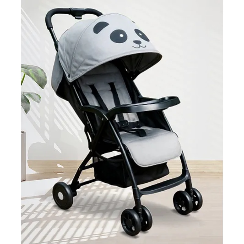 ANGELS & MICE Panda Baby Stroller Pram Newborn-3 Years, Iron, Food Tray, Foldable Baby Trolley with Safety Harness, Recline Seat & Extendable Canopy, Lightweight Baby Carrier & Pram, Grey