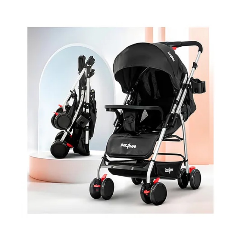 Baybee Convertible Infant Baby Pram Stroller for Newborn Babies with 3-Position Adjustable Seat & Canopy, Reversible Bassinet & 3 Point Safety Belt | Baby Stroller for Toddlers (Black)
